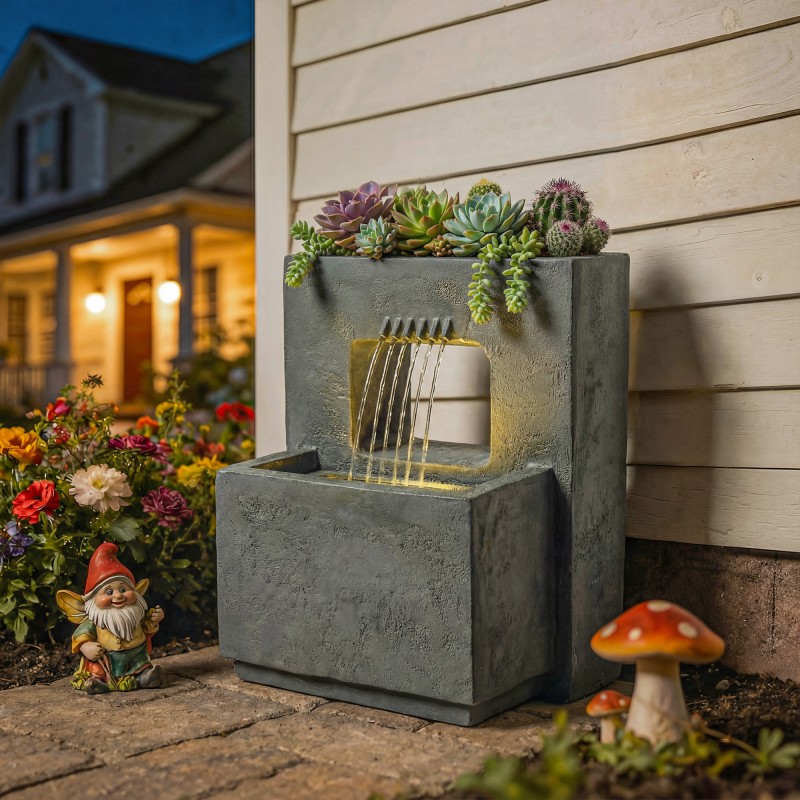 Kaksitasoinen puutarhasuihkulähde LED-valoilla ja istutusosalla, hartsi, 45 x 31,5 x 58,5 cm, tummanharmaa