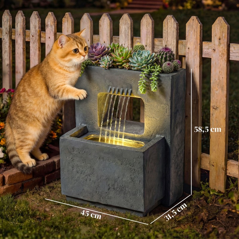 Kaksitasoinen puutarhasuihkulähde LED-valoilla ja istutusosalla, hartsi, 45 x 31,5 x 58,5 cm, tummanharmaa