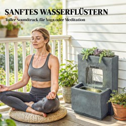 Kaksitasoinen puutarhasuihkulähde LED-valoilla ja istutusosalla, hartsi, 45 x 31,5 x 58,5 cm, tummanharmaa