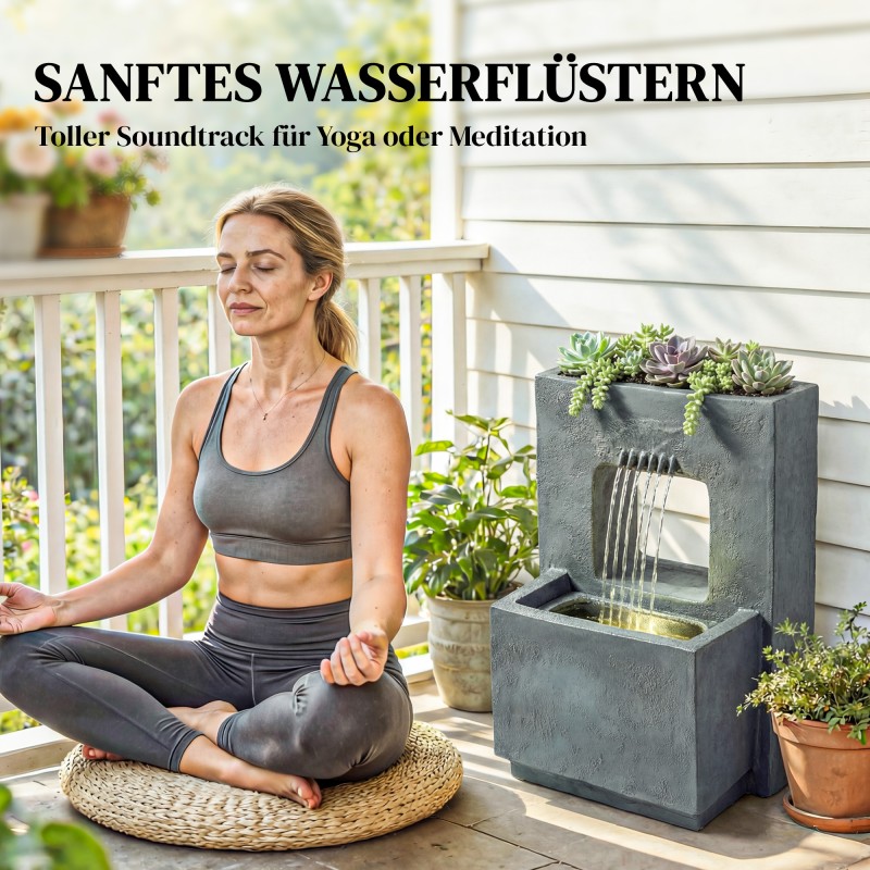 Kaksitasoinen puutarhasuihkulähde LED-valoilla ja istutusosalla, hartsi, 45 x 31,5 x 58,5 cm, tummanharmaa