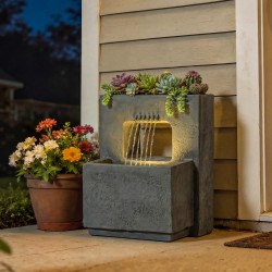 Kaksitasoinen puutarhasuihkulähde LED-valoilla ja istutusosalla, hartsi, 45 x 31,5 x 58,5 cm, tummanharmaa