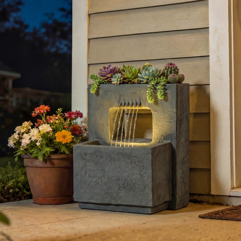 Kaksitasoinen puutarhasuihkulähde LED-valoilla ja istutusosalla, hartsi, 45 x 31,5 x 58,5 cm, tummanharmaa