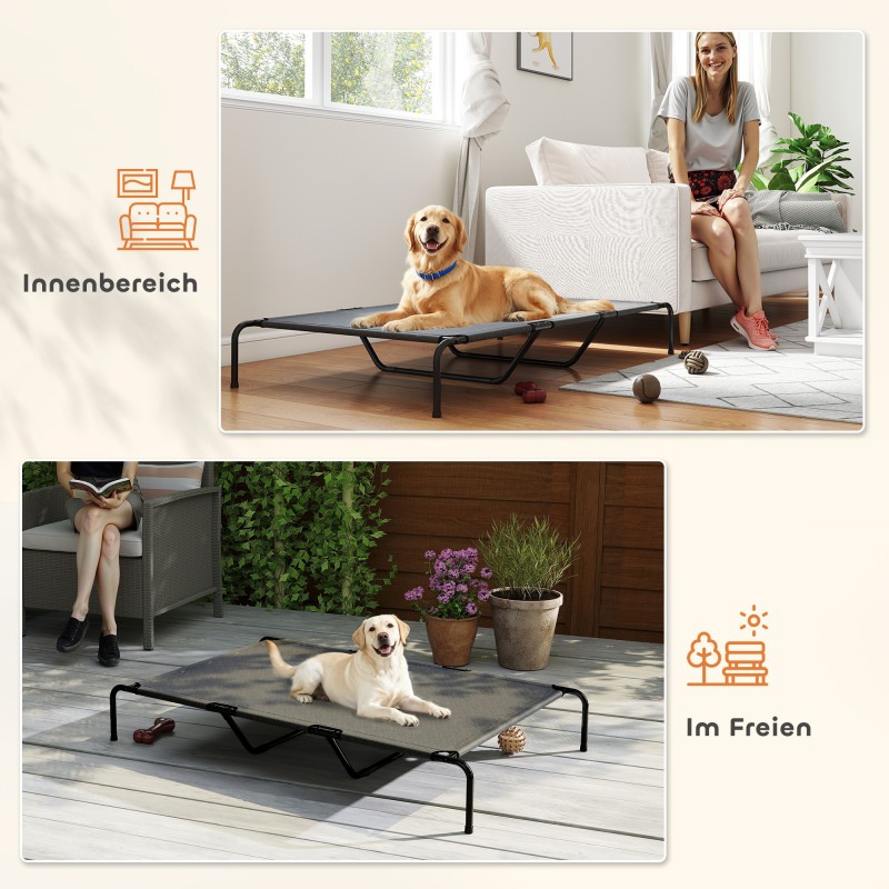 Koiran leposänky isoille koirille, kohotettu teräsrunko ja verkkokangas, 152 x 94 x 23 cm, harmaa