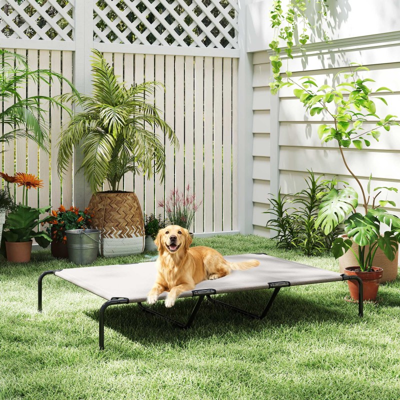 Koiransänky suurelle koiralle, korotettu teräsrunko ja verkkokangas, 152 x 94 x 23 cm, beige