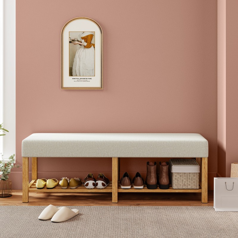 Kenkäpenkki eteiseen, massiivipuuta, 140 cm, pehmustettu istuin kahdelle, luonnonpuu ja kermanvalkoinen