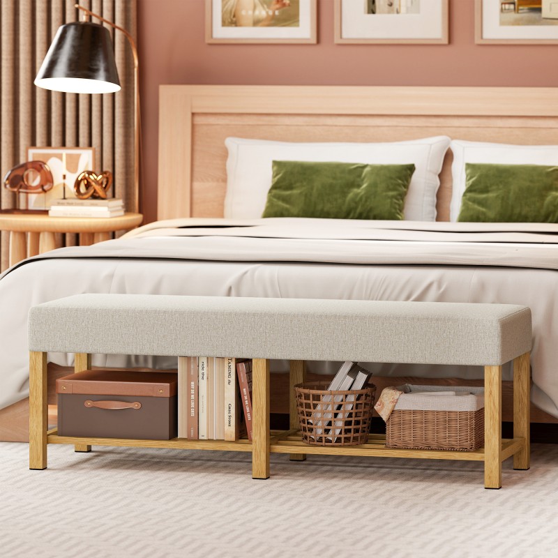 Kenkäpenkki eteiseen, massiivipuuta, 140 cm, pehmustettu istuin kahdelle, luonnonpuu ja kermanvalkoinen