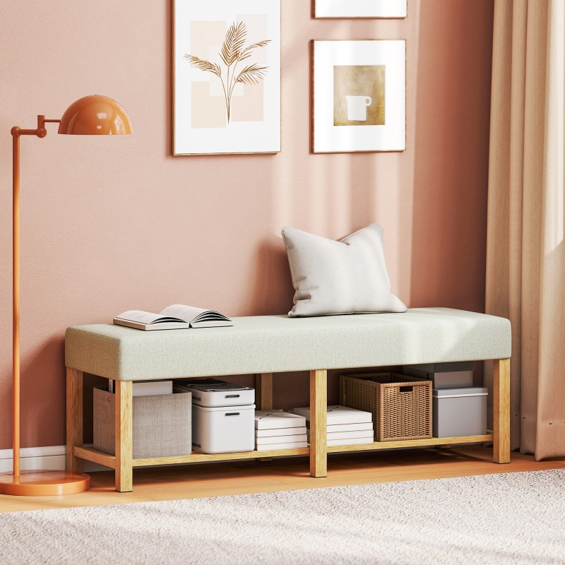 Kenkäpenkki eteiseen, massiivipuuta, 140 cm, pehmustettu istuin kahdelle, luonnonpuu ja kermanvalkoinen