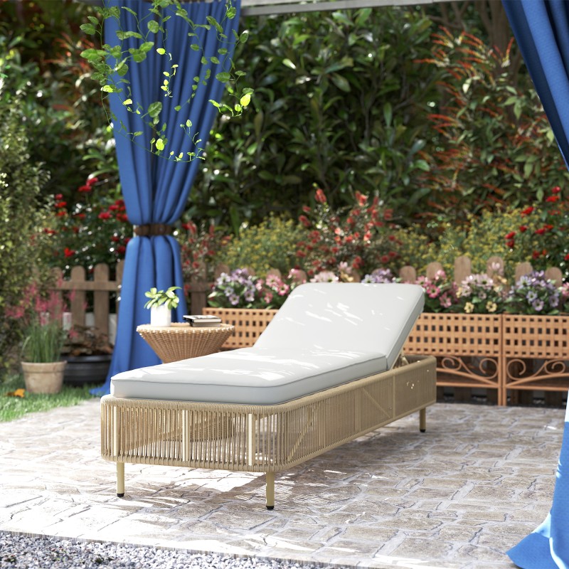 Aurinkotuoli ulkokäyttöön, säädettävä polyrottinki, teräsrunko, tyyny, keltainen/creme