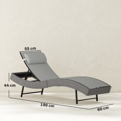 Polyrottinkinen S-muotoinen aurinkotuoli ulkokäyttöön, 5-asentoinen selkänoja, niskatyyny, tummanharmaa-vaaleanharmaa