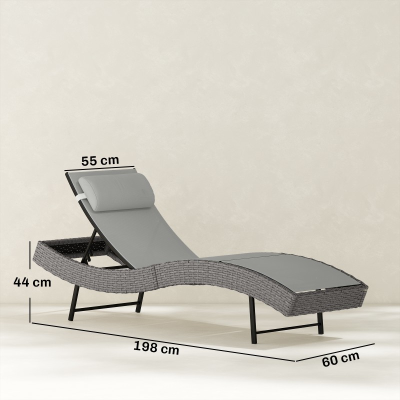 Polyrottinkinen S-muotoinen aurinkotuoli ulkokäyttöön, 5-asentoinen selkänoja, niskatyyny, tummanharmaa-vaaleanharmaa