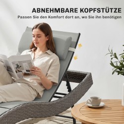 Polyrottinkinen S-muotoinen aurinkotuoli ulkokäyttöön, 5-asentoinen selkänoja, niskatyyny, tummanharmaa-vaaleanharmaa