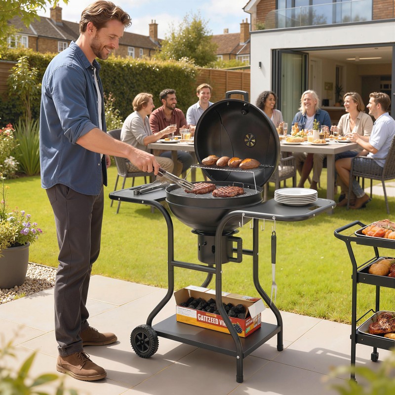 Hiiligrilli BBQ-smokeri sivutasoilla, kannella ja lämpömittarilla, musta 129 x 63,5 x 106,5 cm