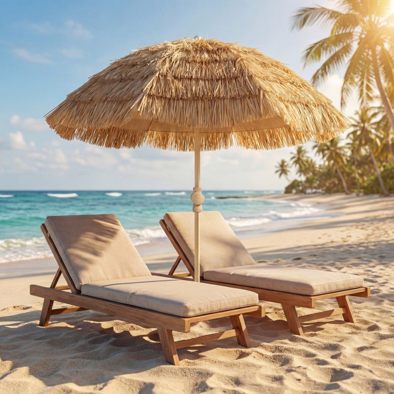 Rantavarjo tikityylinen olkikatto 150 cm, säädettävä ja kallistettava, hiekkaruuvi, khaki/ruskea