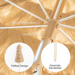 Rantavarjo tikityylinen olkikatto 150 cm, säädettävä ja kallistettava, hiekkaruuvi, khaki/ruskea