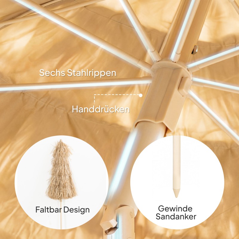 Rantavarjo tikityylinen olkikatto 150 cm, säädettävä ja kallistettava, hiekkaruuvi, khaki/ruskea