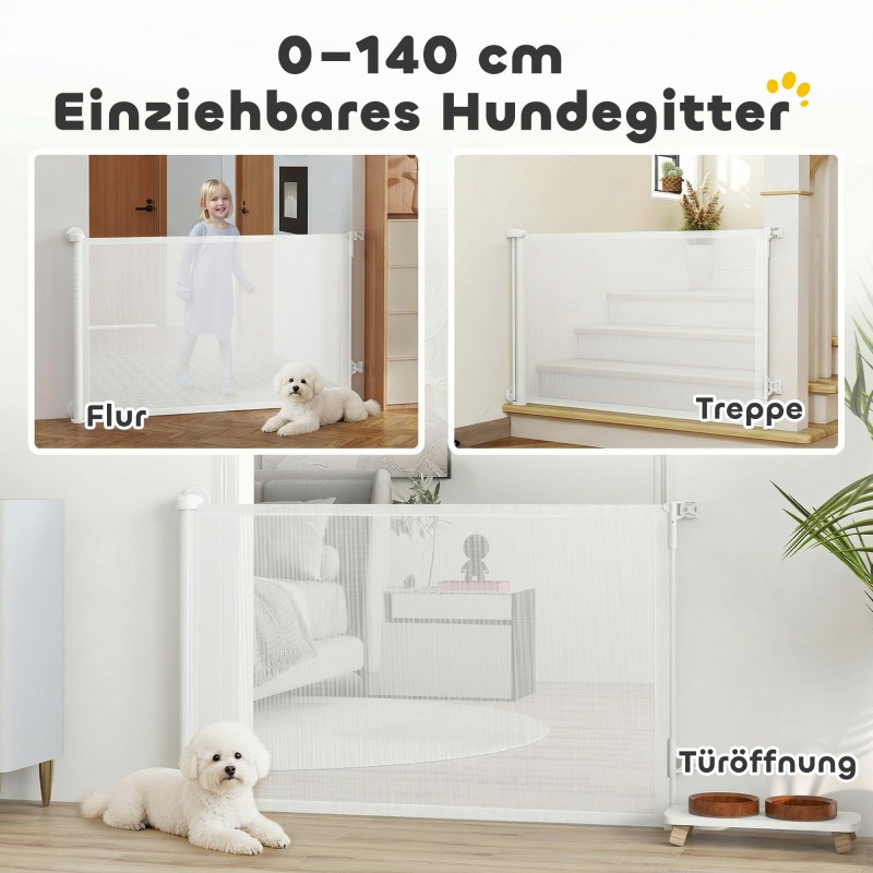 Lemmikkiportti sisäkäyttöön, rullautuva turvaportti 0–140 cm, seinäkiinnitys, valkoinen