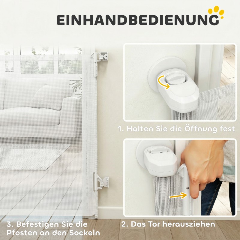 Lemmikkiportti sisäkäyttöön, rullautuva turvaportti 0–140 cm, seinäkiinnitys, valkoinen