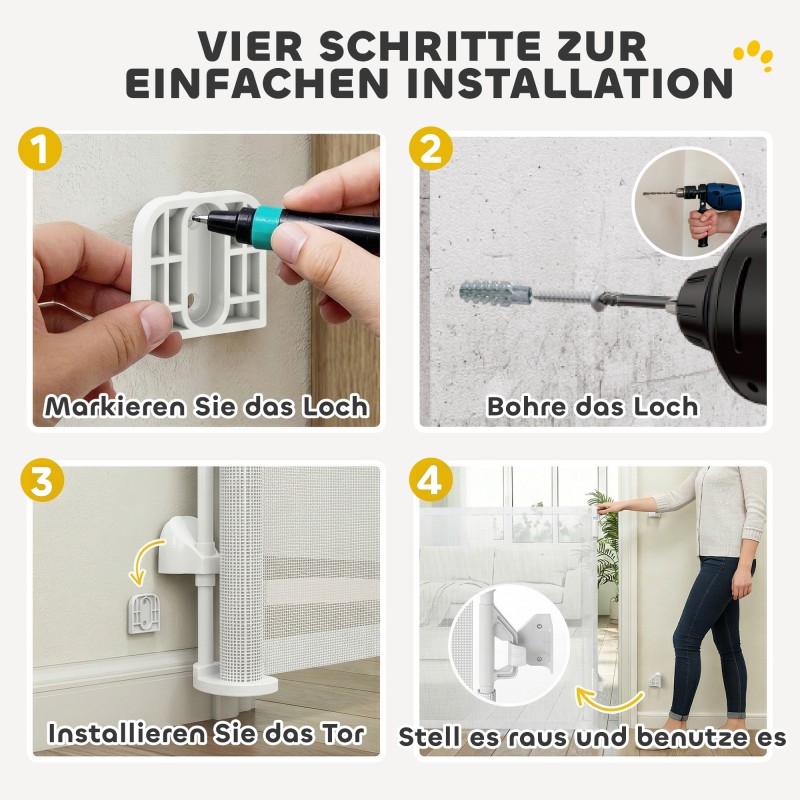 Lemmikkiportti sisäkäyttöön, rullautuva turvaportti 0–140 cm, seinäkiinnitys, valkoinen