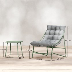 Parvekekalustesetti 3-osainen, 2 nojatuolia ja pöytä, teräsrunko, tyynyt, vaaleanharmaa–vihreä