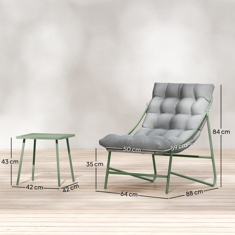 Parvekekalustesetti 3-osainen, 2 nojatuolia ja pöytä, teräsrunko, tyynyt, vaaleanharmaa–vihreä