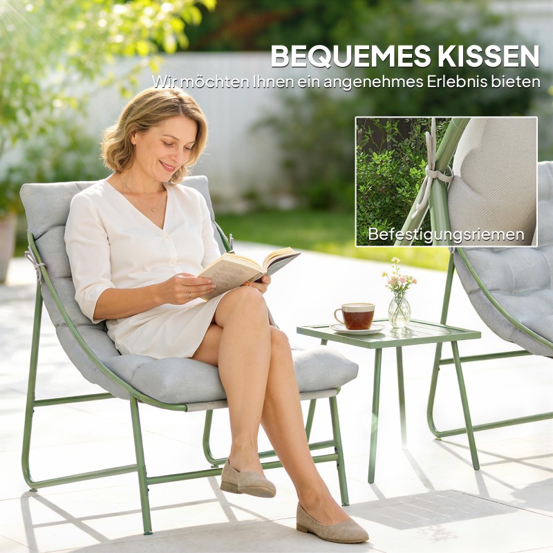 Parvekekalustesetti 3-osainen, 2 nojatuolia ja pöytä, teräsrunko, tyynyt, vaaleanharmaa–vihreä