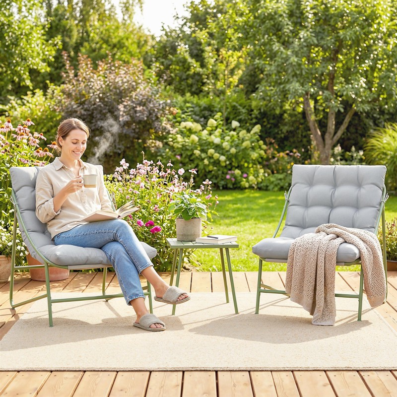 Parvekekalustesetti 3-osainen, 2 nojatuolia ja pöytä, teräsrunko, tyynyt, vaaleanharmaa–vihreä