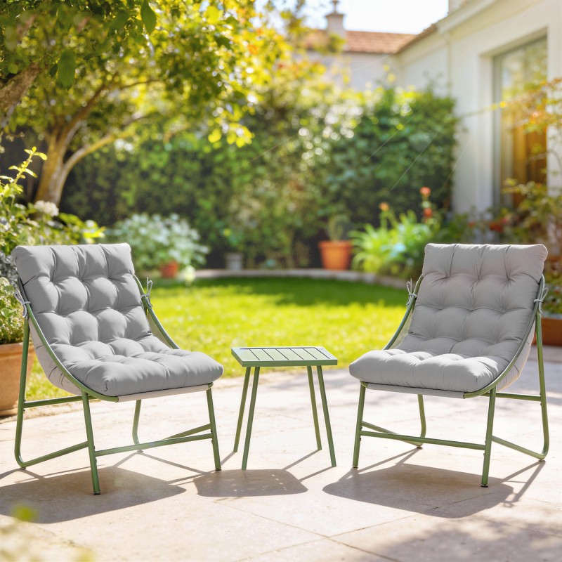 Parvekekalustesetti 3-osainen, 2 nojatuolia ja pöytä, teräsrunko, tyynyt, vaaleanharmaa–vihreä