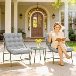 Parvekekalustesetti 3-osainen, 2 nojatuolia ja pöytä, teräsrunko, tyynyt, vaaleanharmaa–vihreä