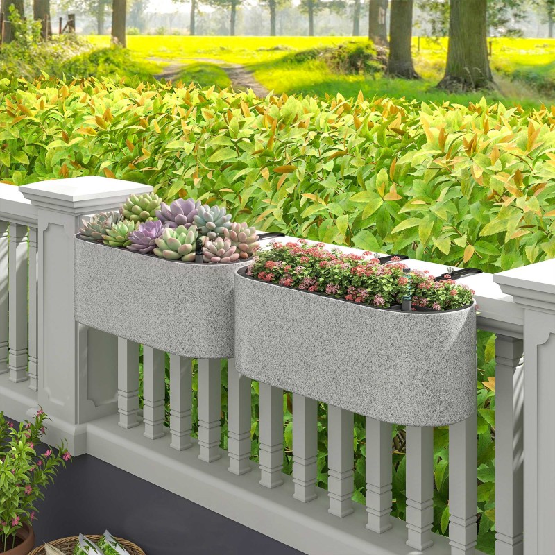 Ripustettava parvekelaatikko 2 kpl, itse kastuva, muovi, 42 x 16 x 15 cm, vaaleanharmaa