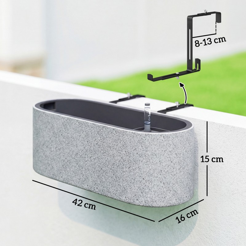 Ripustettava parvekelaatikko 2 kpl, itse kastuva, muovi, 42 x 16 x 15 cm, vaaleanharmaa