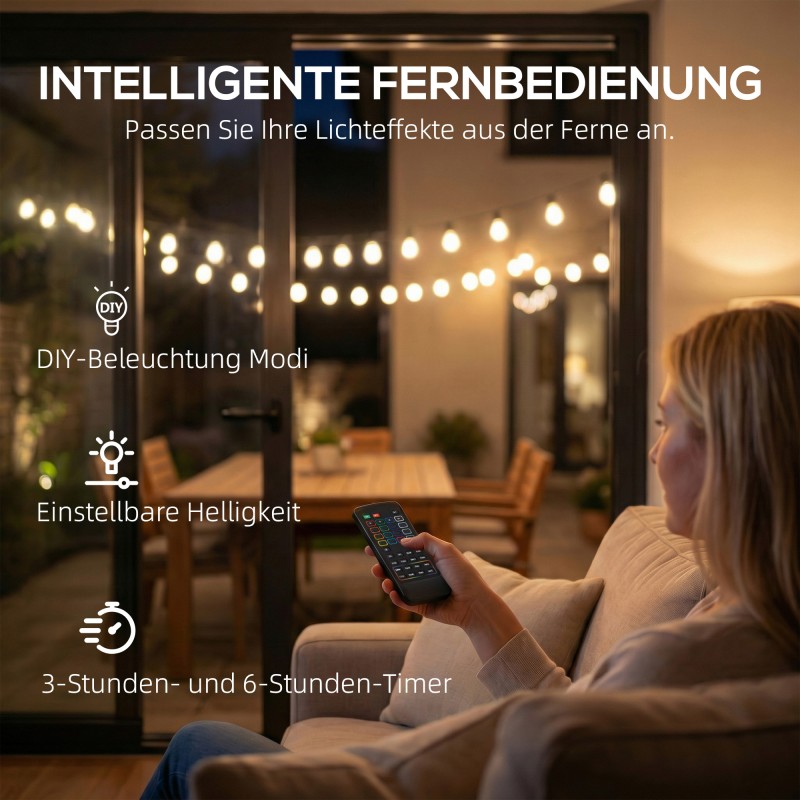 RGBW valoketju ulko- ja sisäkäyttöön 16,8 m, 15 lamppua, lämmin valkoinen + värit, IP44, kaukosäädin