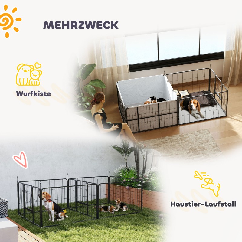 Pentuaitaus ja synnytyskotelo koirille, teräsrunko, 7 paneelia, 2 aluetta, 203 x 102 x 60 cm, musta