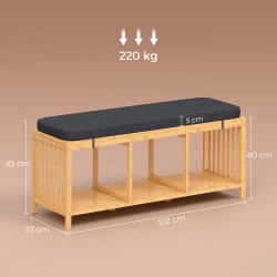 Kenkäpenkki eteiseen bambua 102x33x45 cm pehmustettu istuin ja avoin säilytyshylly, luonnonpuu