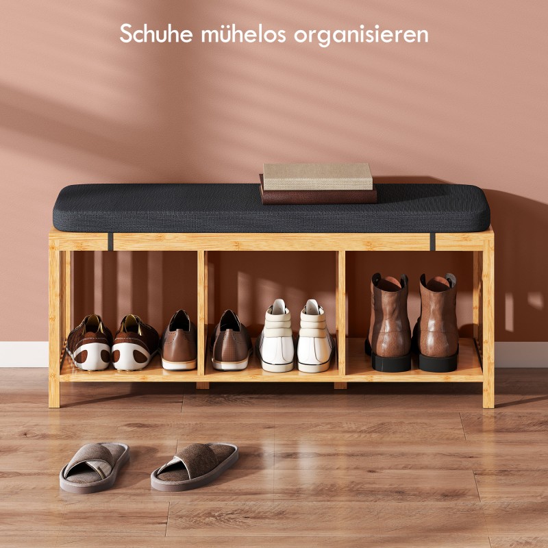 Kenkäpenkki eteiseen bambua 102x33x45 cm pehmustettu istuin ja avoin säilytyshylly, luonnonpuu