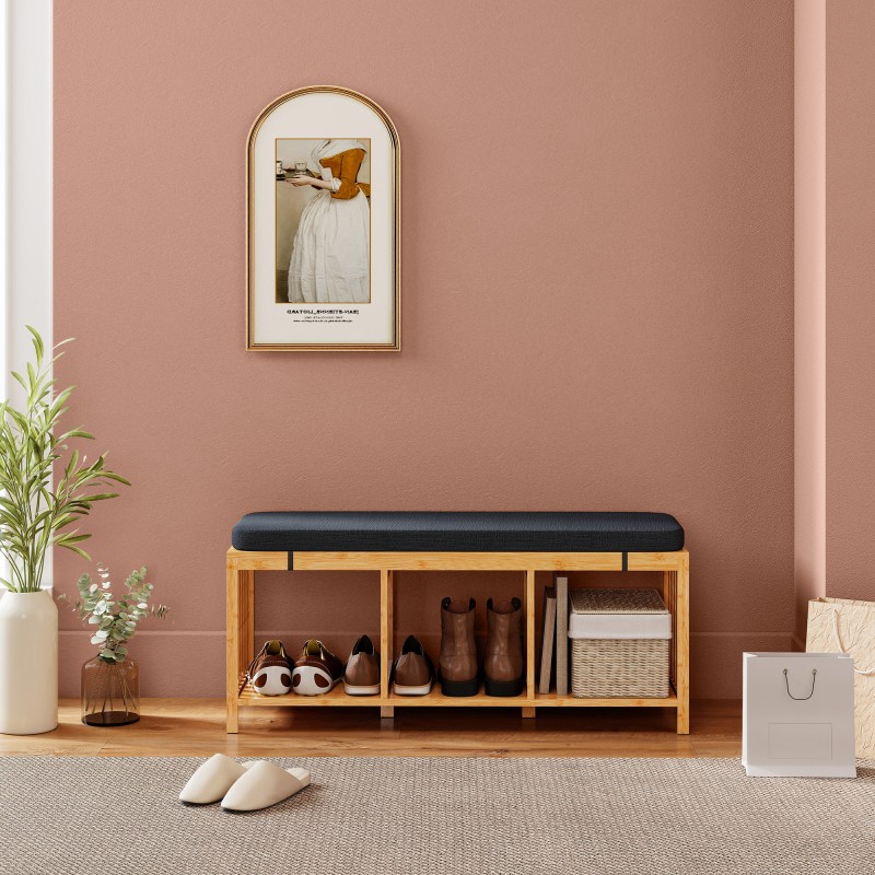 Kenkäpenkki eteiseen bambua 102x33x45 cm pehmustettu istuin ja avoin säilytyshylly, luonnonpuu