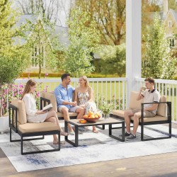 Parvekkeen puutarhakalustesetti 4-osainen, teräsrunko ja pöytä, pehmusteet, musta/khaki/harmaa