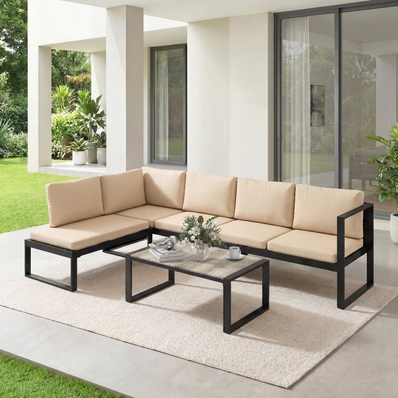 Parvekkeen puutarhakalustesetti 4-osainen, teräsrunko ja pöytä, pehmusteet, musta/khaki/harmaa