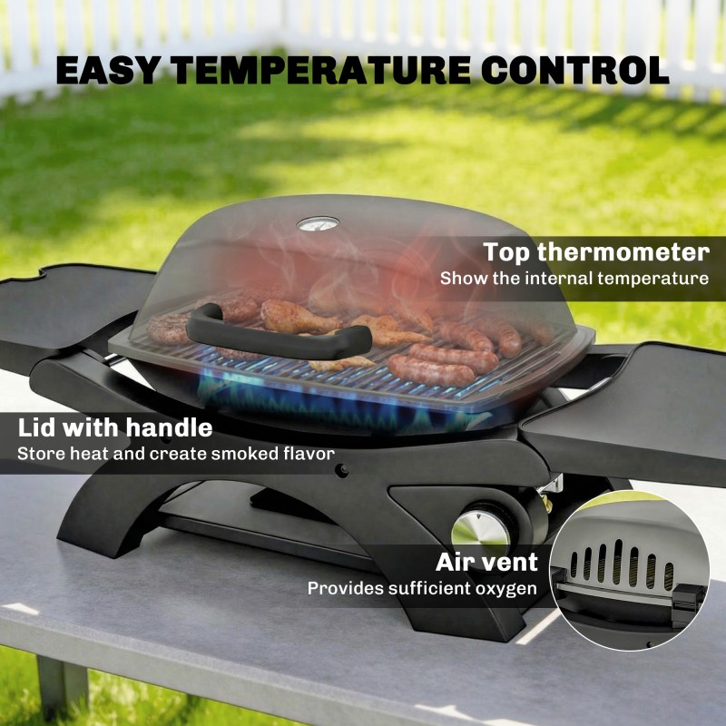 Kaasugrilli pöytämalli 3,3 kW, 1 poltin, valurautaritilät, sivutasot, musta-harmaa