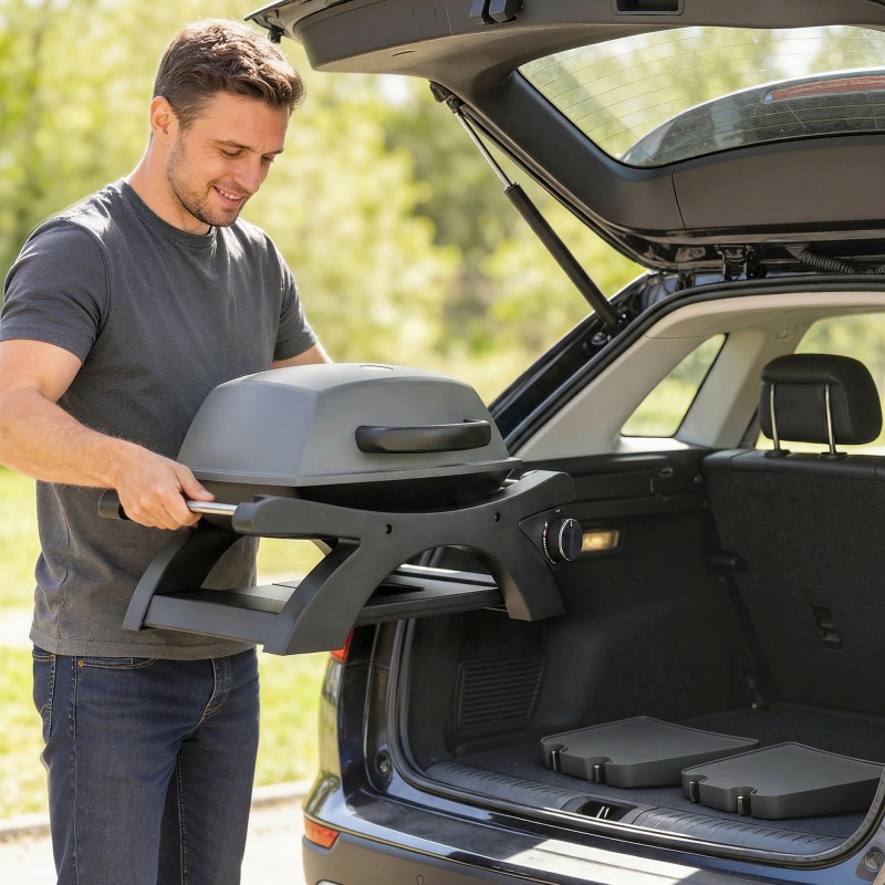 Kaasugrilli pöytämalli 3,3 kW, 1 poltin, valurautaritilät, sivutasot, musta-harmaa