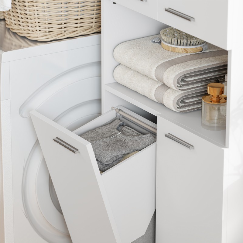 Kylpyhuonekaappi pyykkikorilla, MDF, 60 x 30 x 174 cm, valkoinen