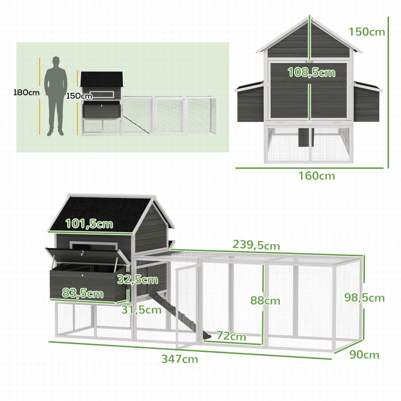 Kanala ulkotarhalla 8–10 kanalle kuusipuuta 347x160x150 cm tummanharmaa
