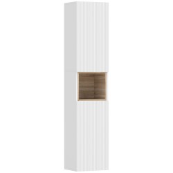 Kapea kylpyhuonekaappi 30 x 24 x 140 cm MDF 2 ovea ja avohylly valkoinen ja puunsävy