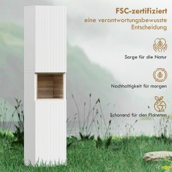 Kapea kylpyhuonekaappi 30 x 24 x 140 cm MDF, 2 ovea ja avohylly, valkoinen ja puunsävy