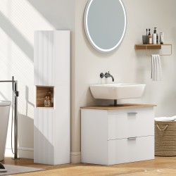 Kapea kylpyhuonekaappi 30 x 24 x 140 cm MDF, 2 ovea ja avohylly, valkoinen ja puunsävy