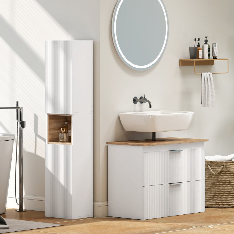 Kapea kylpyhuonekaappi 30 x 24 x 140 cm MDF, 2 ovea ja avohylly, valkoinen ja puunsävy