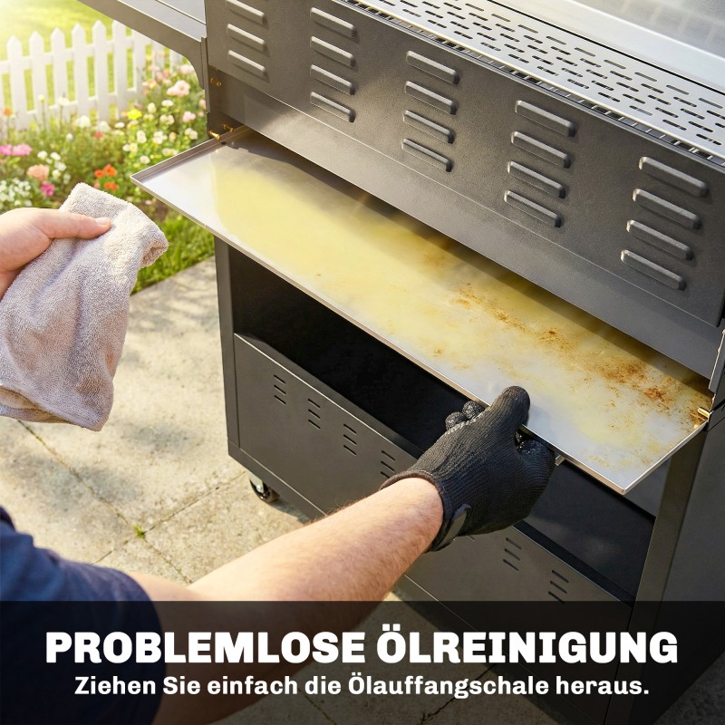 Kaasugrilli 18,6 kW 6+1 poltinta ruostumaton teräs lämpöhylly sivupoltin alakaappi musta/hopea