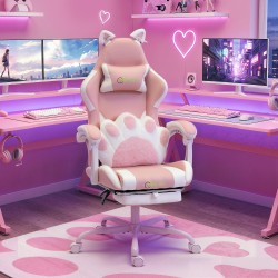 Ergonominen pelituoli kissankorvilla, keinonahkaa, lannetyyny ja jalkatuki, vaaleanpunainen-valkoinen