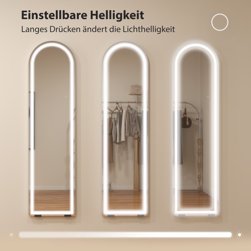 Kokovartalopeili LED-valaistuksella 150 x 40 cm, kaareva, himmennettävä, 3 valonsävyä, valkoinen, lattia- ja seinämalli