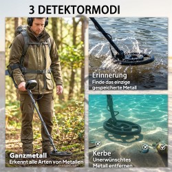 Metallinetsin IP68 vedenpitävä kela, 3 hakutilaa, LCD-näyttö, kuulokkeet ja lapio, musta