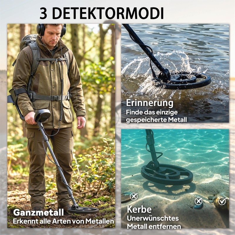 Metallinetsin IP68 vedenpitävä kela, 3 hakutilaa, LCD-näyttö, kuulokkeet ja lapio, musta